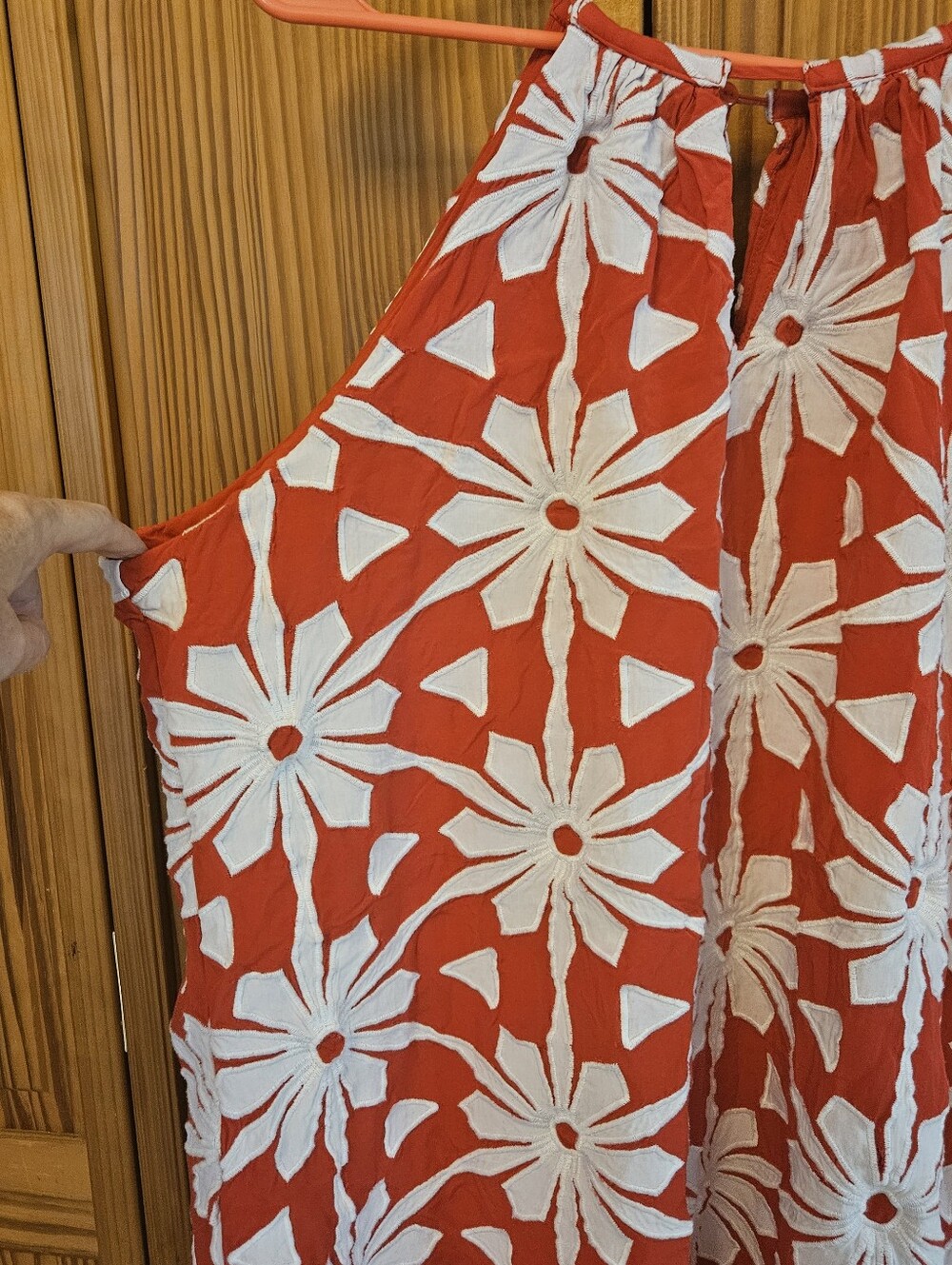 Skies Are Blue Red Sleeveless Floral Cutwork Tunic